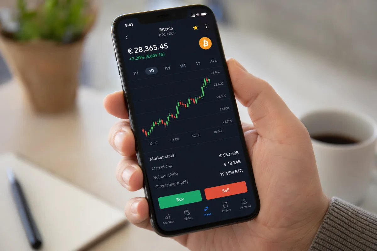 Exchange app on a smartphone showing the Bitcoin price in euros