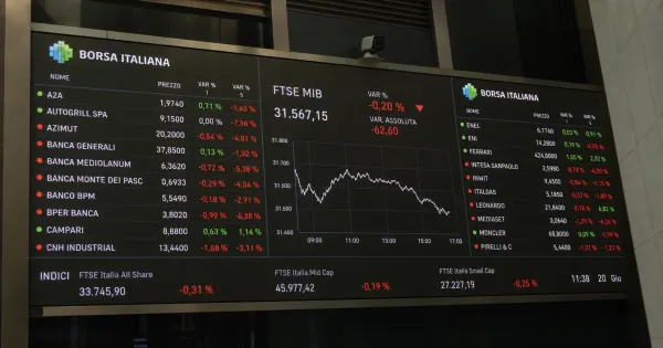 Tabellone elettronico con quotazioni azionarie della Borsa Italiana e indice FTSE MIB